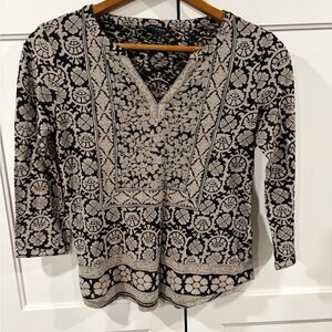 Black and Cream Patterned V-Neck Women's Top from Lucky Brand